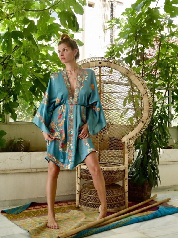 Celia Dragouni The Satin Blue Balinese Mini Kimono