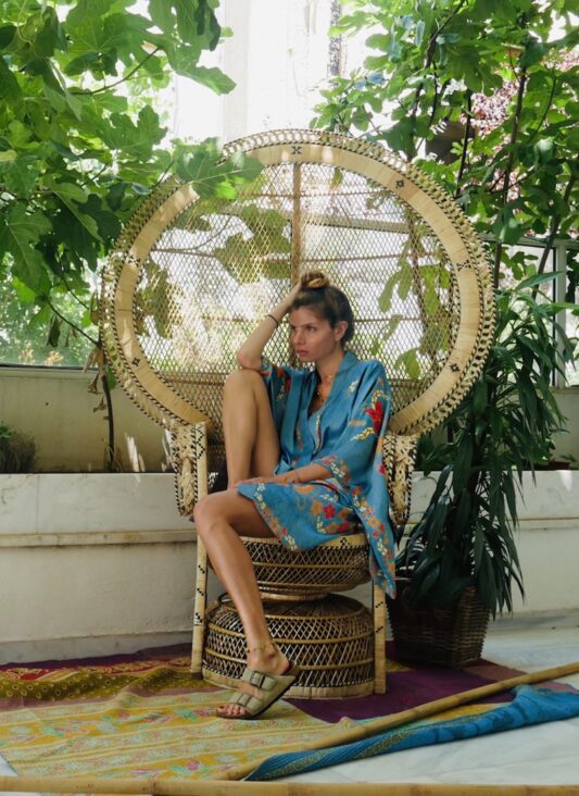 Celia Dragouni The Satin Blue Balinese Kimono Robe