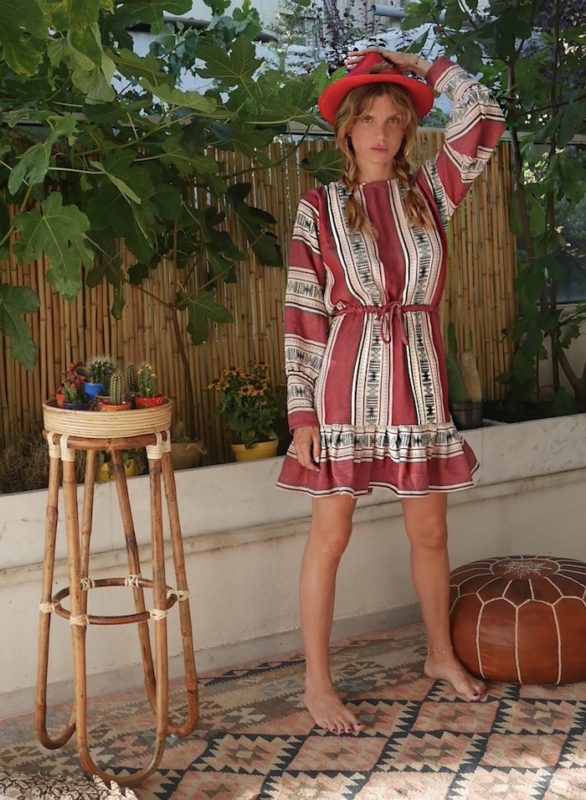 Celia Dragouni Bordeaux Woven Ruffled Dress