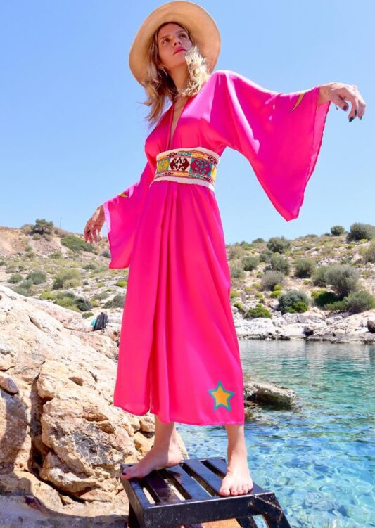 Celia Dragouni Pink Peacock Kimono Dress
